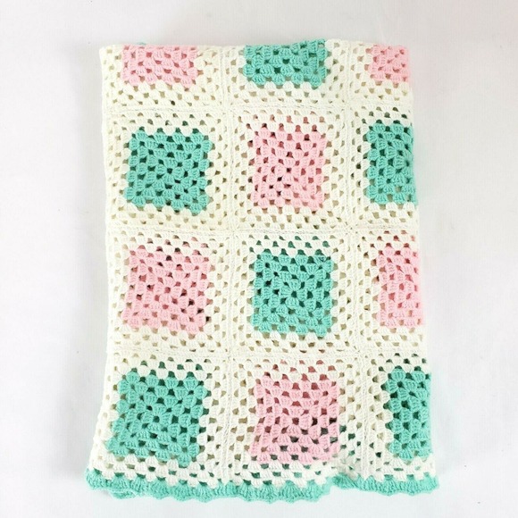 Crocheted Baby Lap Blanket Afghan Throw Handmade Pink Off-White Green 36” x 68” - Picture 1 of 6
